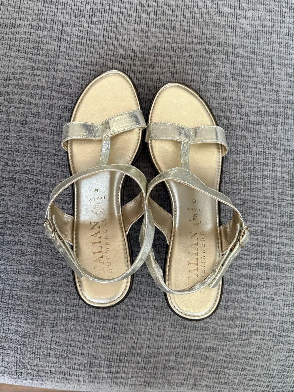 Gold and Brown Strapped High Heeled Wedge Sandals by Italian Shoemakers Size 9